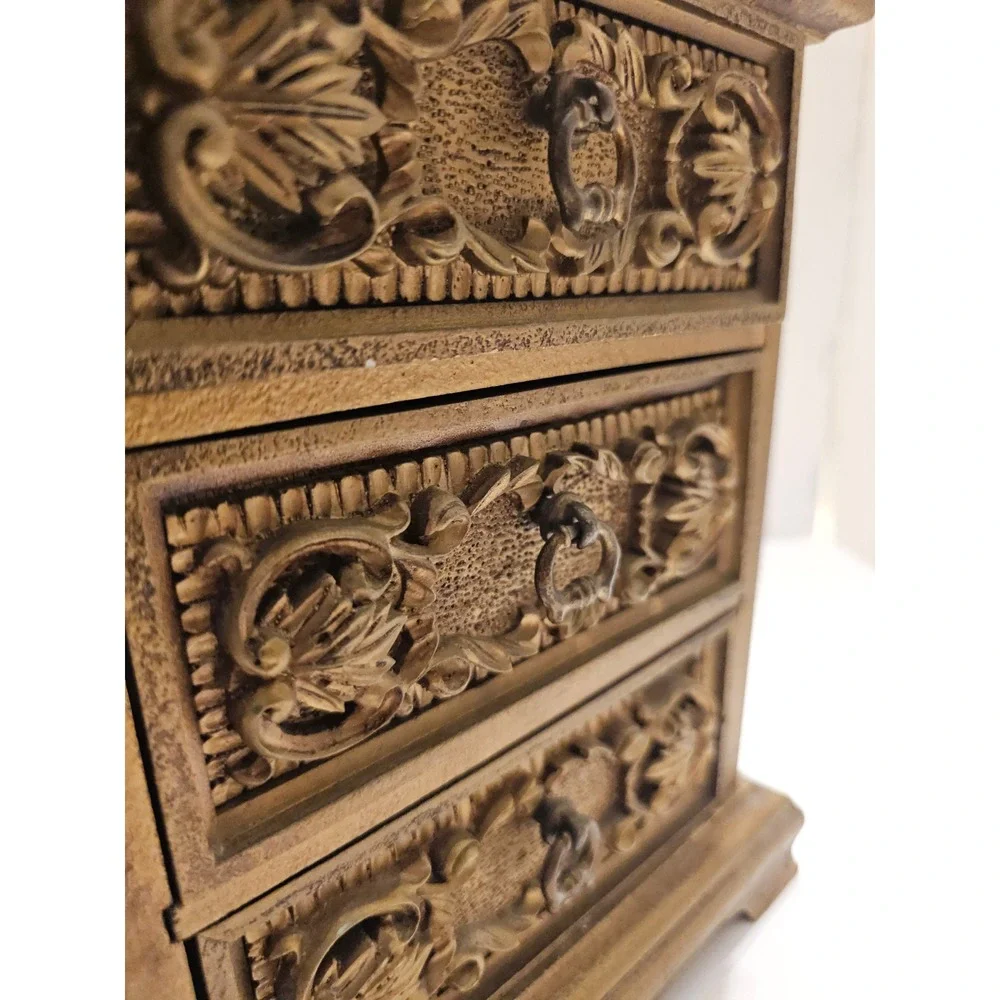 Vintage Royal Sealy Carved‎ 3 Drawer Trinket Box Jewelry Music Box Gold Tone